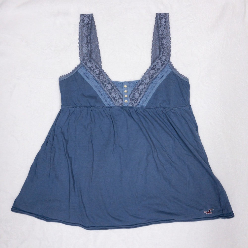 VTG Hollister Babydoll Cami Womens Small Blue Lace Trim Henley Cotton Tank Top